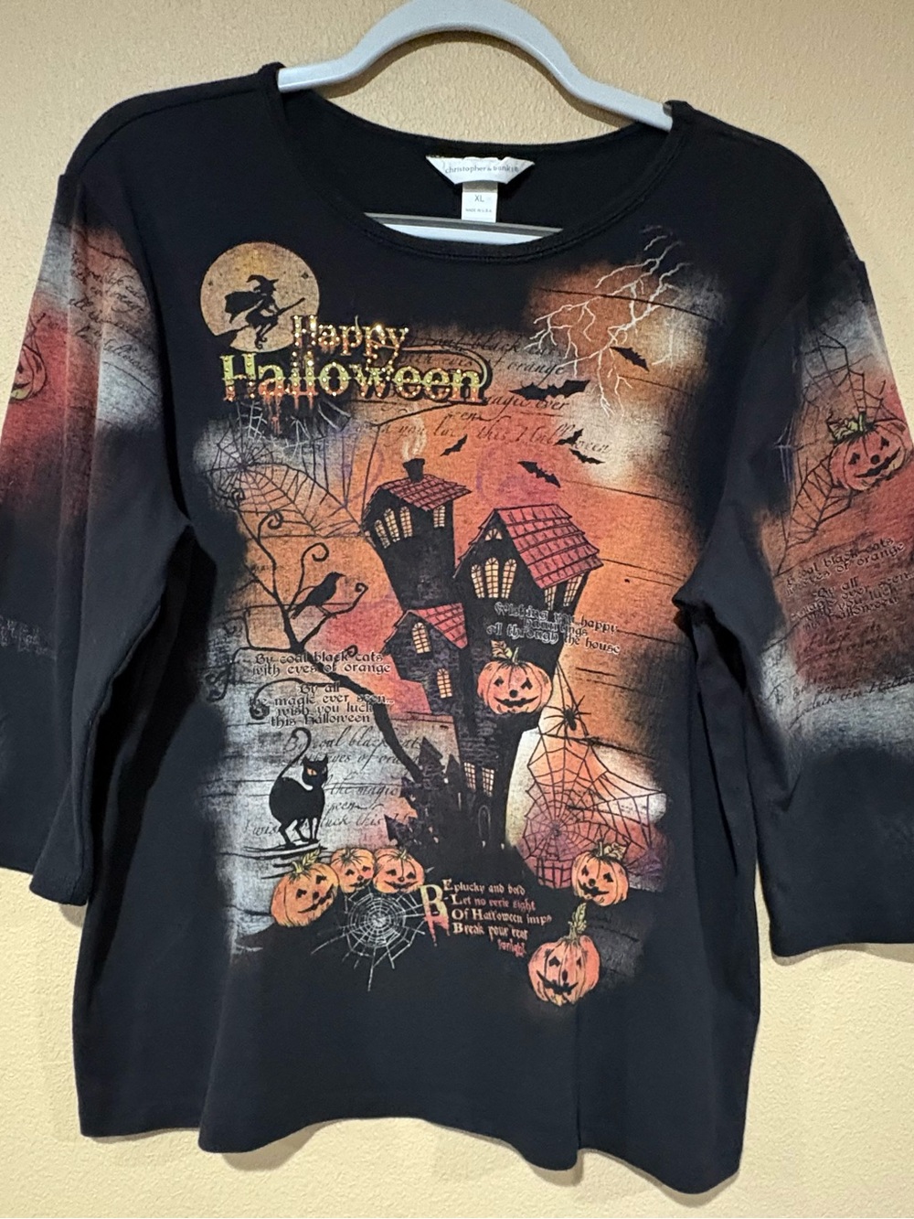 Christopher & Banks Womens Happy Halloween Haunted House Top XL 3/4 Sleeve AOP